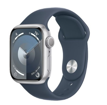 Apple Watch Series 9 GPS 45mm Silver Aluminum Case with Storm Blue Sport Band - S/M (MR9D3)