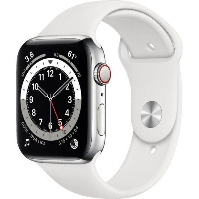 Apple Watch Series 6 GPS + Cellular 44mm Silver Stainless Steel Case w. White Sport B. (M07L3)
